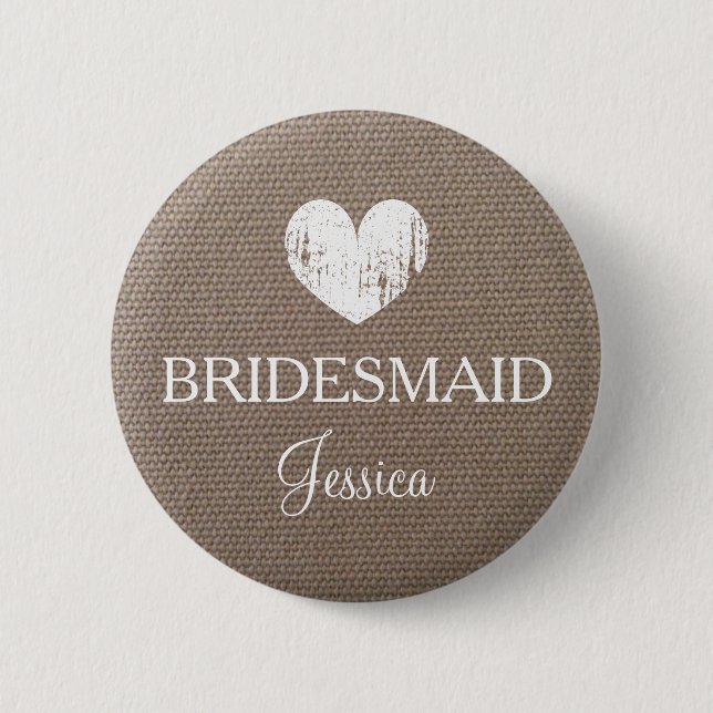 Burlap bridesmaid button for country chic wedding (Front)