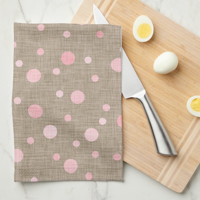 BURLAP BROWN WITH SHADES OF PINK POLKA DOTS KITCHEN TOWEL (Quarter Fold)