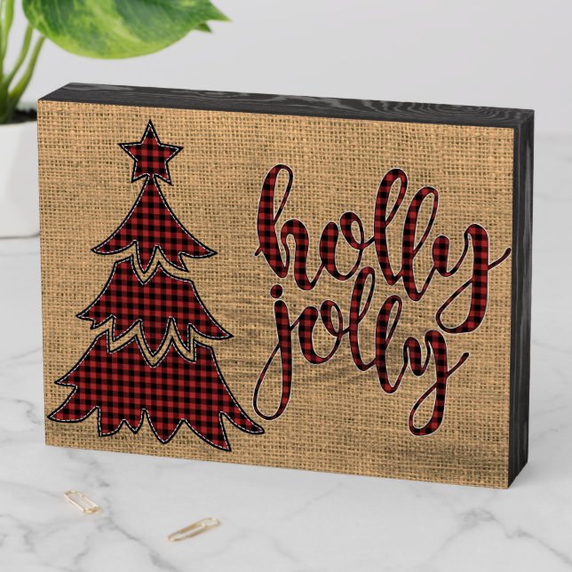 Burlap, Buffalo Plaid, holly jolly Wood Sign (In Situ Horizontal)