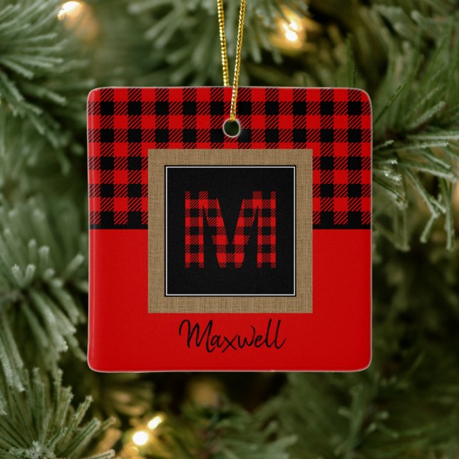 Burlap Buffalo Plaid Red Black Monogram Name Ceramic Ornament (Tree)