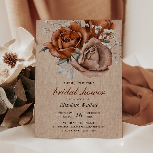 Burlap Burnt Orange Roses Terracotta Bridal Shower Invitation
