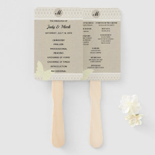 Burlap Butterfly Lace Monogram Wedding Program Hand Fan