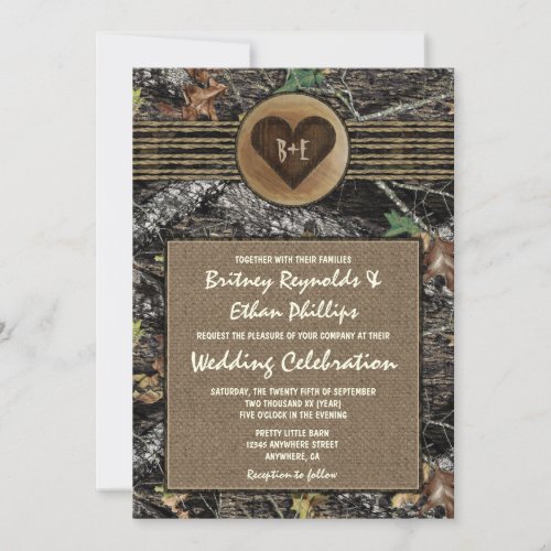 Burlap  Carved Heart Camo Wedding Invitations