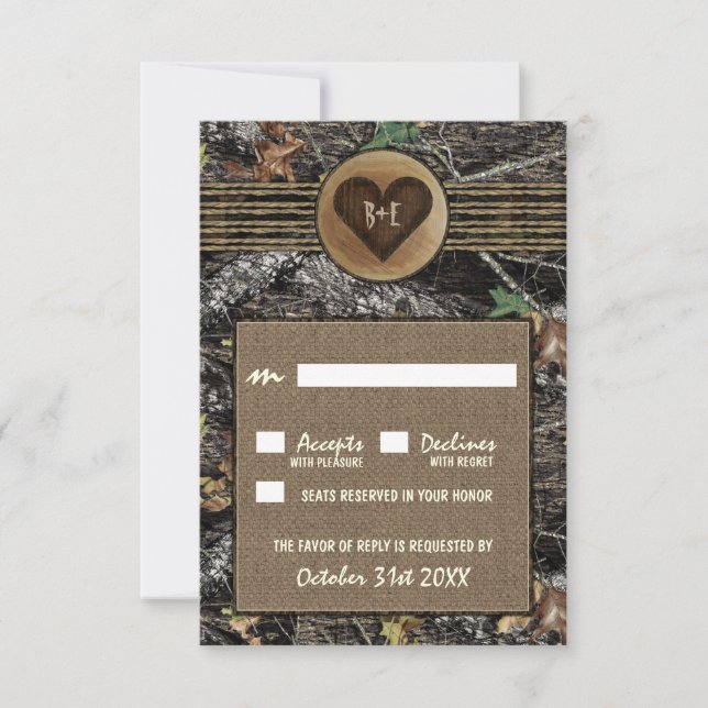 Burlap + Carved Heart Camo Wedding RSVP Cards (Front)