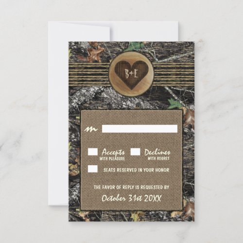 Burlap  Carved Heart Camo Wedding RSVP Cards