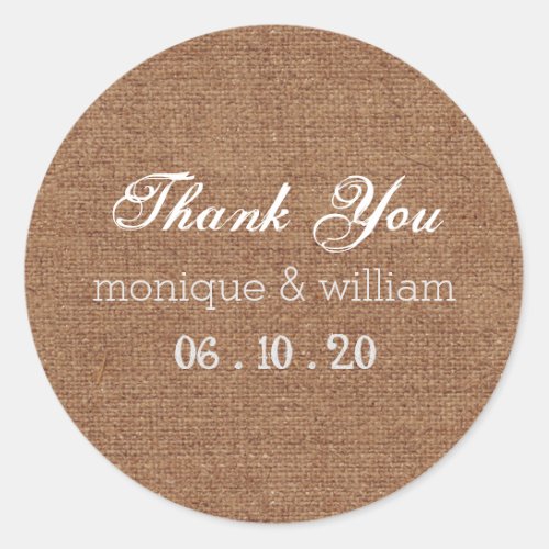 Burlap Chalk Flourish Wedding Thank You Classic Round Sticker