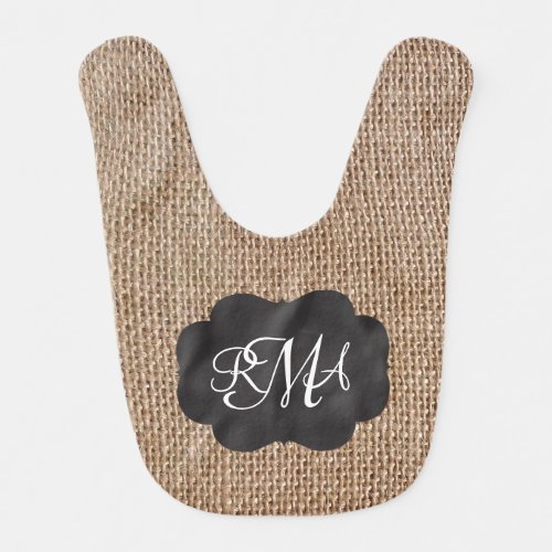 Burlap Chalkboard Look Triple Monogrammed Script Bib