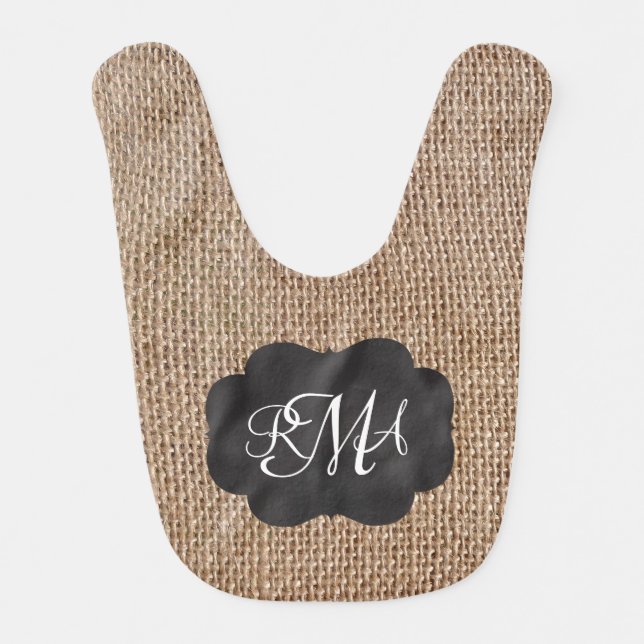 Burlap Chalkboard Look Triple Monogrammed Script Bib (Front)