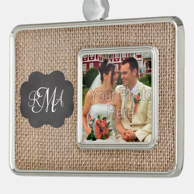 Burlap Chalkboard Look Triple Monogrammed Script Christmas Ornament (Left)