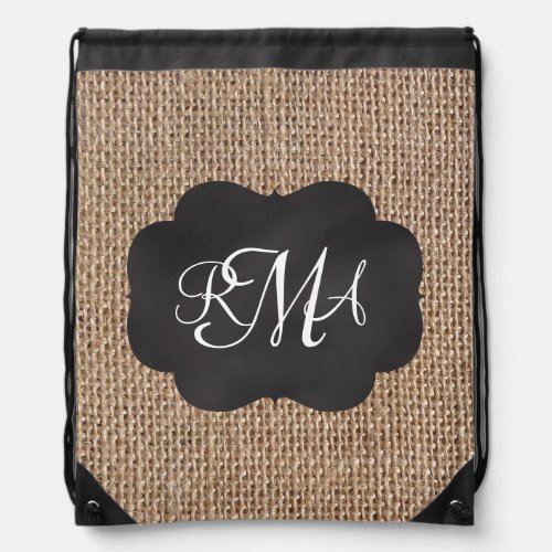 Burlap Chalkboard Look Triple Monogrammed Script Drawstring Bag