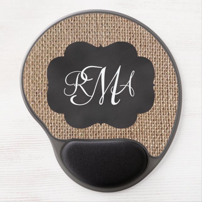 Burlap Chalkboard Look Triple Monogrammed Script Gel Mouse Pad (Front)