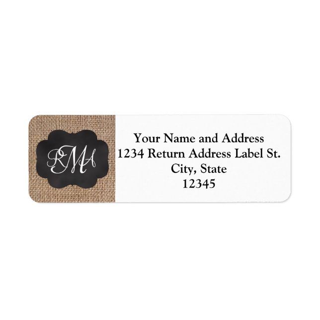 Burlap Chalkboard Look Triple Monogrammed Script Label (Front)