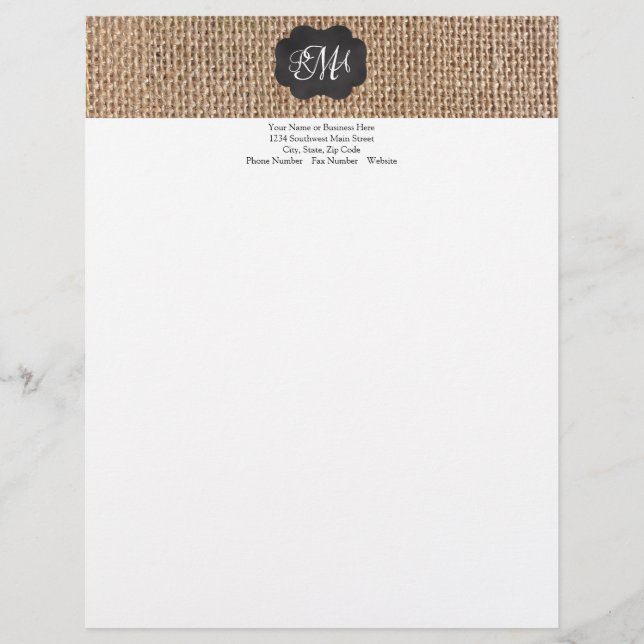 Burlap Chalkboard Look Triple Monogrammed Script Letterhead (Front)