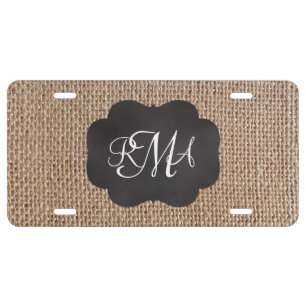 Burlap Chalkboard Look Triple Monogrammed Script License Plate