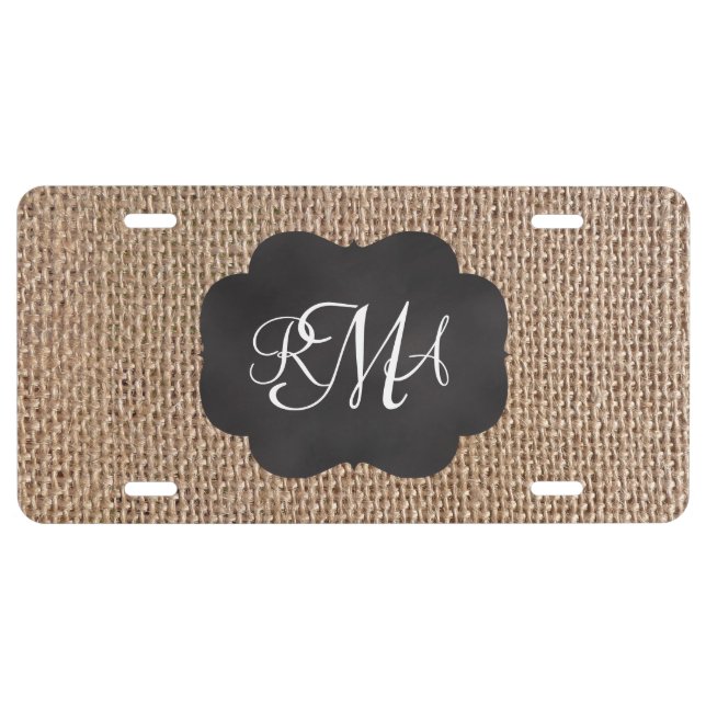 Burlap Chalkboard Look Triple Monogrammed Script License Plate (Front)