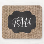 Burlap Chalkboard Look Triple Monogrammed Script Mouse Pad