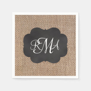 Burlap Chalkboard Look Triple Monogrammed Script Paper Napkins