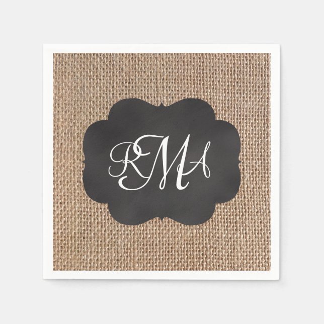 Burlap Chalkboard Look Triple Monogrammed Script Paper Napkins (Front)