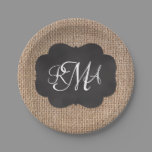 Burlap Chalkboard Look Triple Monogrammed Script Paper Plates