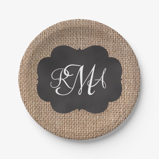 Burlap Chalkboard Look Triple Monogrammed Script Paper Plates (Front)