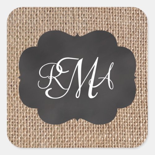 Burlap Chalkboard Look Triple Monogrammed Script Square Sticker