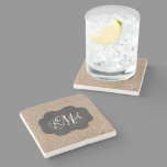 Burlap Chalkboard Look Triple Monogrammed Script Stone Coaster