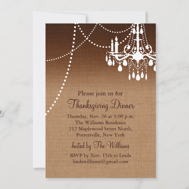 Burlap Chandelier Thanksgiving Dinner Invitation (Front)
