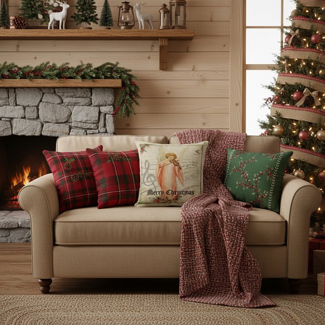 Burlap Christmas Angel Throw Pillow (Creator Uploaded)