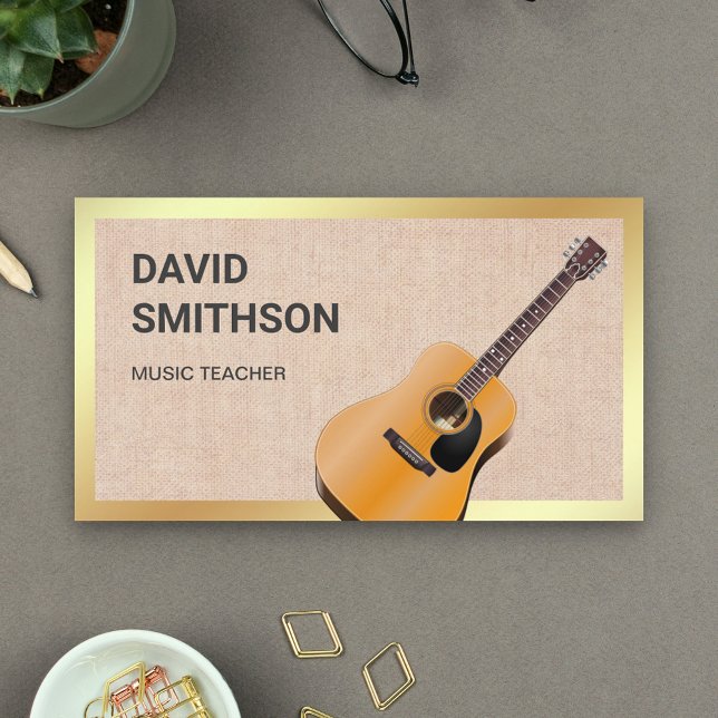 Burlap Classy Guitar Music Teacher Guitarist Business Card (Creator Uploaded)