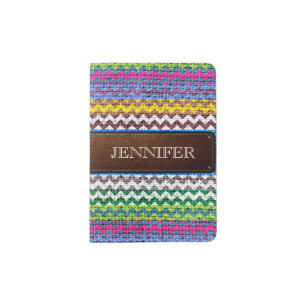 Burlap Colorful Chevron Stripes Monogram #4 Passport Holder