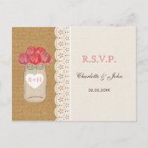 burlap, coral roses in mason jar wedding RSVP Invitation Postcard