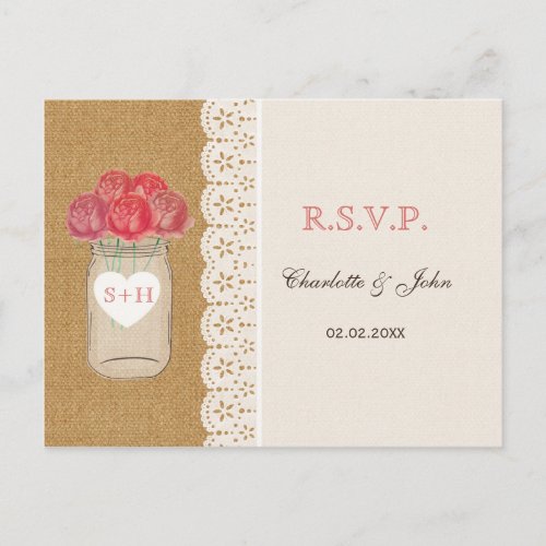 burlap coral roses in mason jar wedding RSVP Invitation Postcard