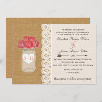 burlap, coral roses mason jar wedding invitations