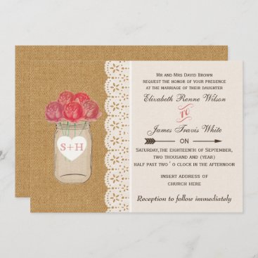 burlap, coral roses mason jar wedding invitations