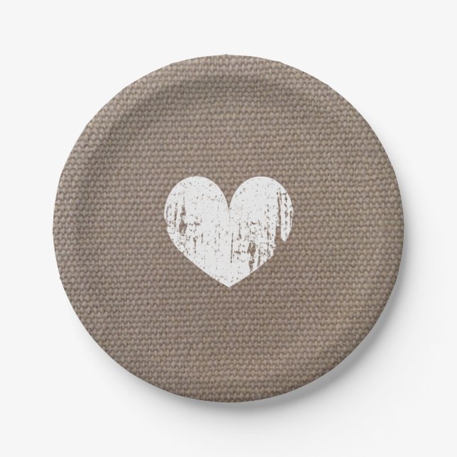 Burlap country chic heart paper plates for wedding (Front)