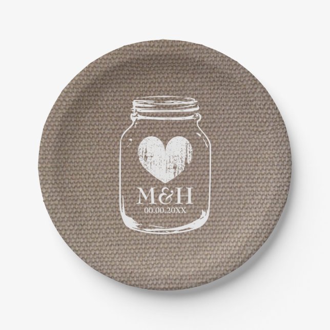 Burlap country chic mason jar wedding party plates (Front)