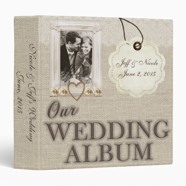 Burlap Country Couple Photo Wedding Photo Album 3 Ring Binder (Front/Spine)