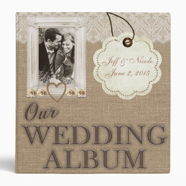 Burlap Country Couple Photo Wedding Photo Album 3 Ring Binder (Front)