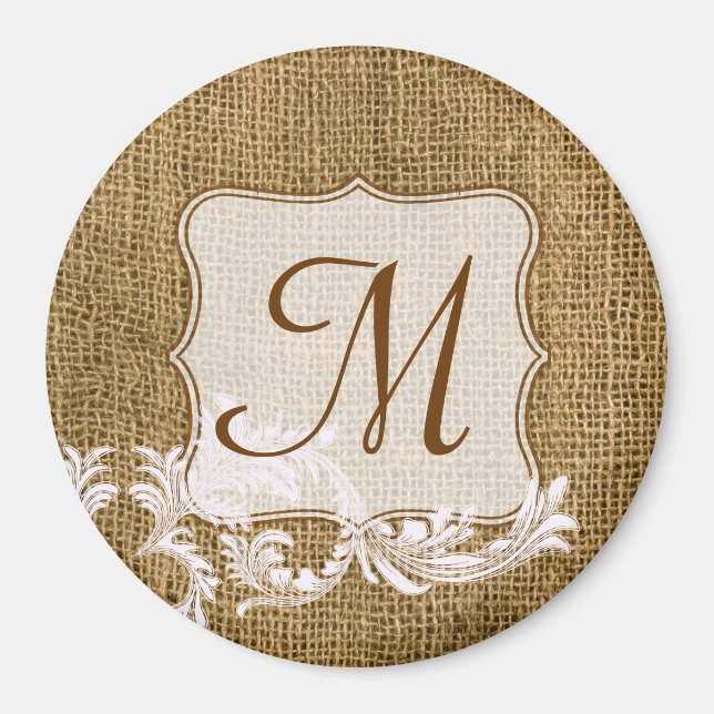 Burlap Country Lace Appliq Monogram Initial Magnet (Front)