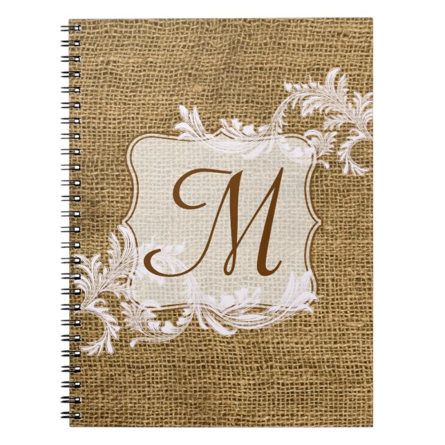 Burlap Country Lace Monogram Initial Note Book (Front)