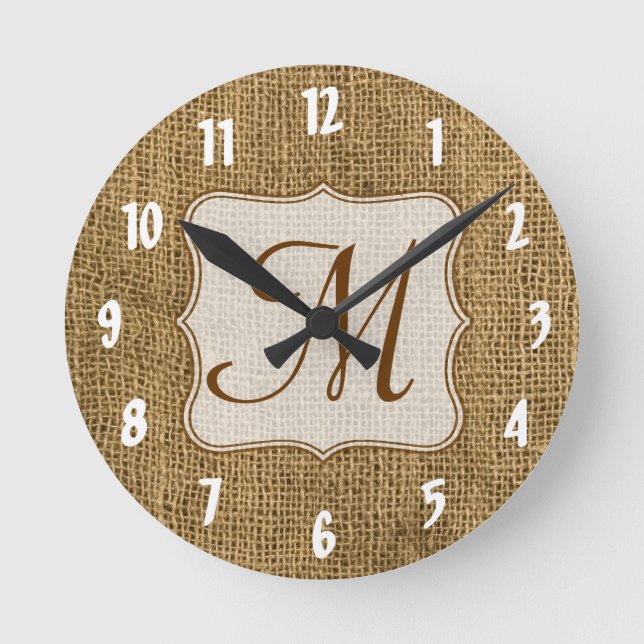 Burlap Country Lace Monogram Initial Wall Clock (Front)