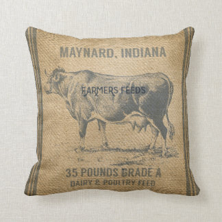 burlap cow feed sack throw pillow