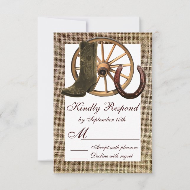 Burlap Cowboy Boots Wagon Wheel Horseshoe RSVP Card (Front)