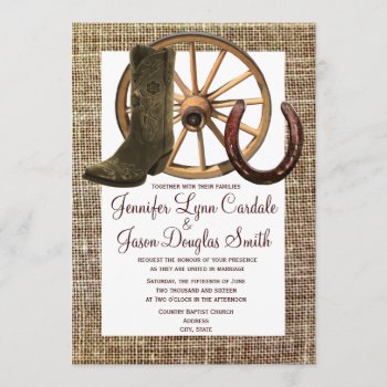 Burlap Cowboy Boots Wagon Wheel Horseshoe Wedding Invitation by CustomWeddingSets at Zazzle