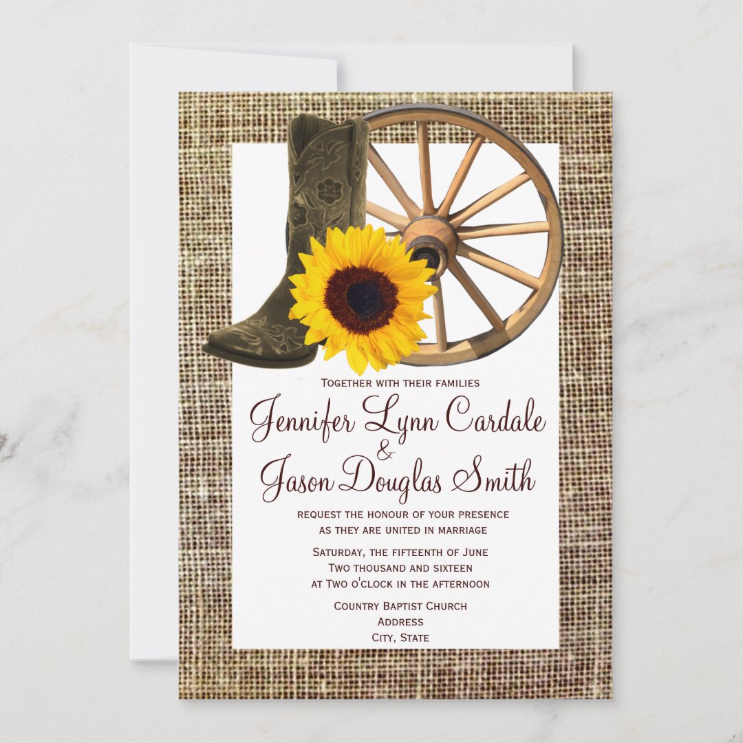 Burlap Cowboy Boots Wagon Wheel Sunflower Wedding Invitation | Zazzle