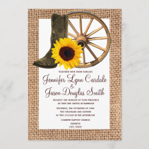 Burlap Cowboy Boots Wagon Wheel Sunflower Wedding Invitation