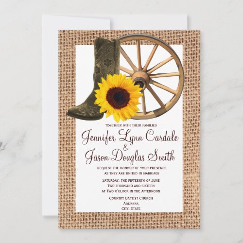 Burlap Cowboy Boots Wagon Wheel Sunflower Wedding Invites