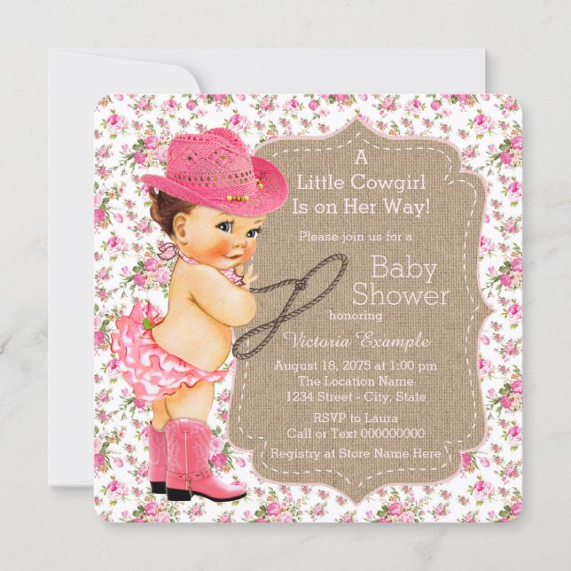 Burlap Cowgirl Baby Shower Floral Calico Invitation (Front)