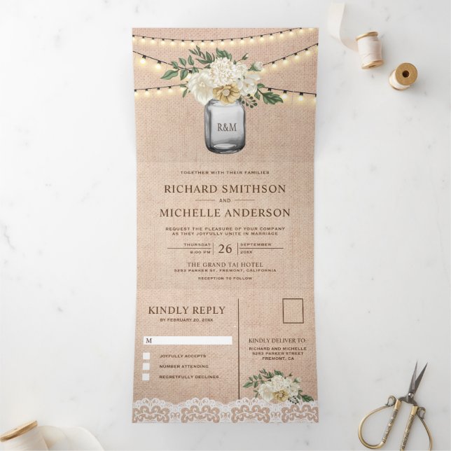 Burlap Cream Floral Mason Jar String Light Wedding Tri-Fold Invitation (Inside)
