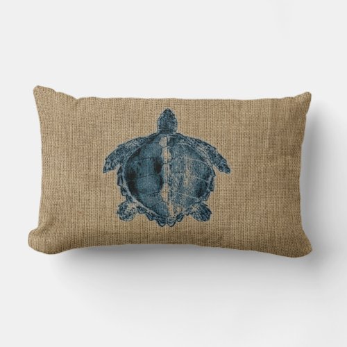 Burlap Creatures Illustration Blue Turtle Design Lumbar Pillow